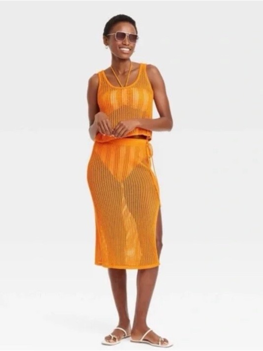 a new day Orange Knit Midi Skirt with crop top cover up set